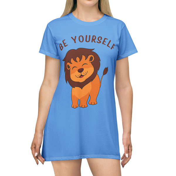 🦁👑 "Roar in Style: All-Over-Print T-Shirt Dress with Cute Lion & King Lion 🌟" 🌿